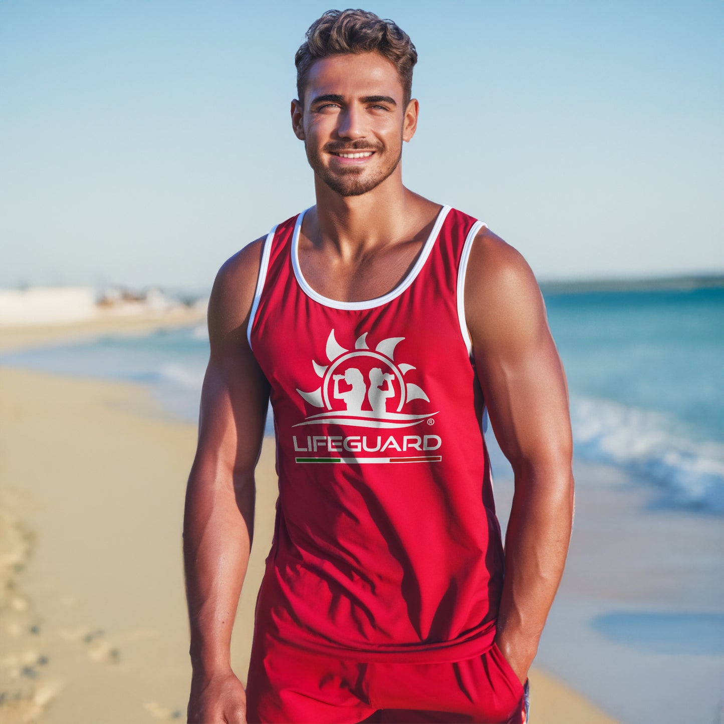 Canotta canottiera smanicata uomo per bagnino di salvataggio e assistente bagnanti Lifeguard mare e piscina