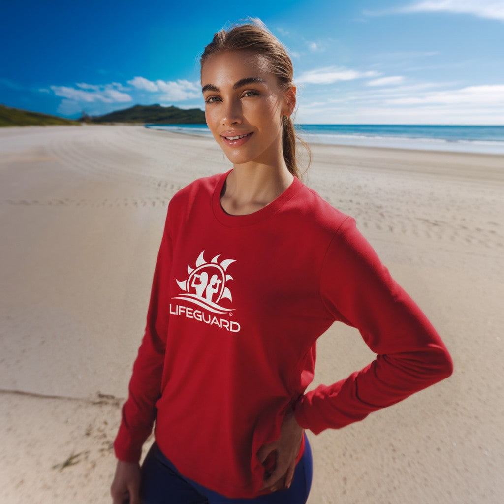 Felpa maglia hoodie senza cappuccio girocollo bagnino di salvataggio assistente bagnanti per lavoro sport e tempo libero rosso Lifeguard