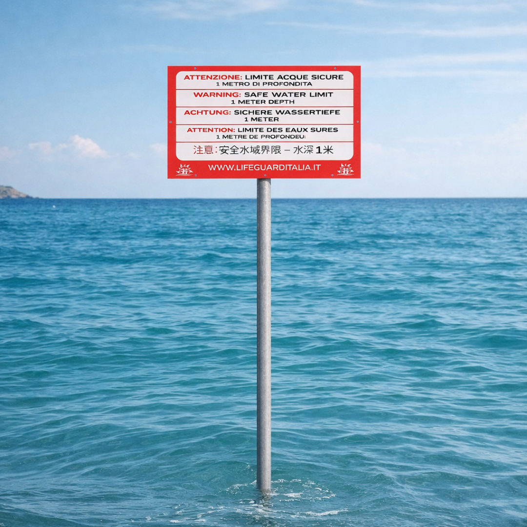 Cartello Limite Acque Sicure – Profondità 1 Metro Multilingua