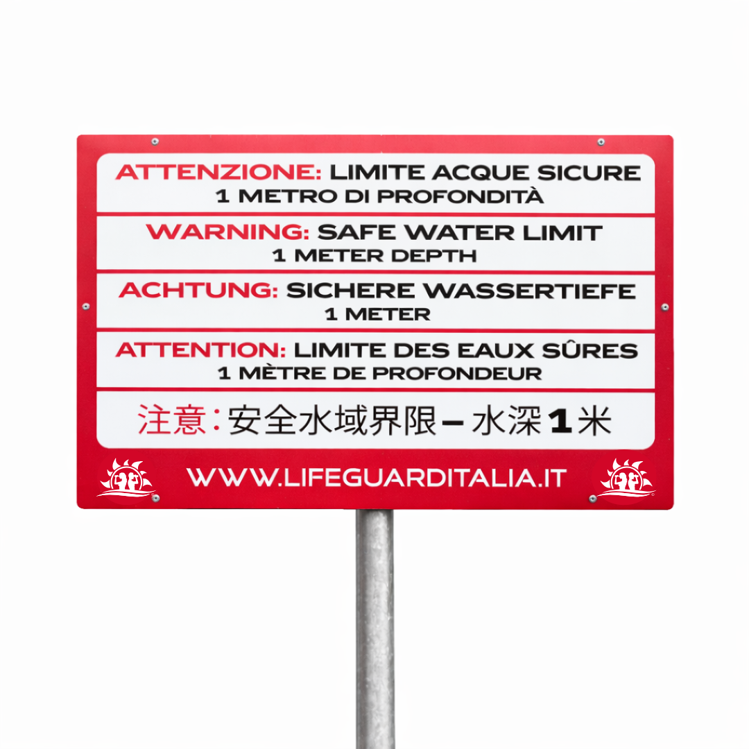 Cartello Limite Acque Sicure – Profondità 1 Metro Multilingua