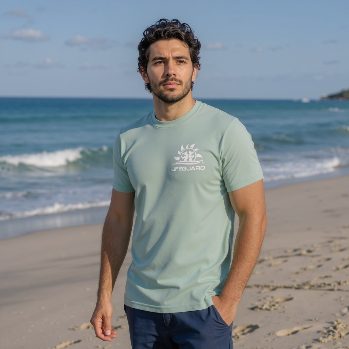 T-shirt Uomo in cotone elastico per sport, lavoro e tempo libero con stampa col. verde salvia