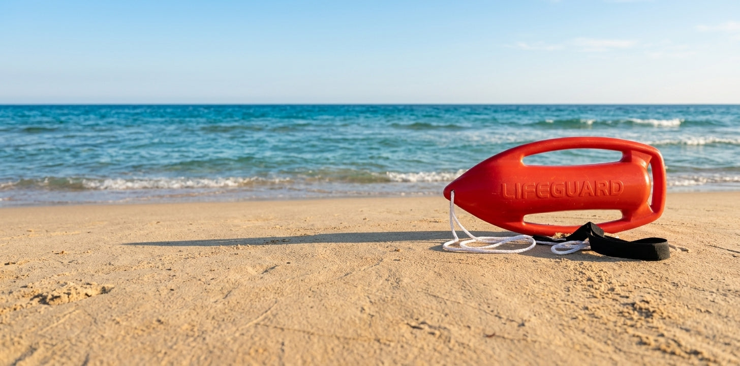 Attrezzatura per soccorso acquatico: Rescue Can professionale rosso per bagnini di salvataggio, su spiaggia italiana soleggiata con mare.
