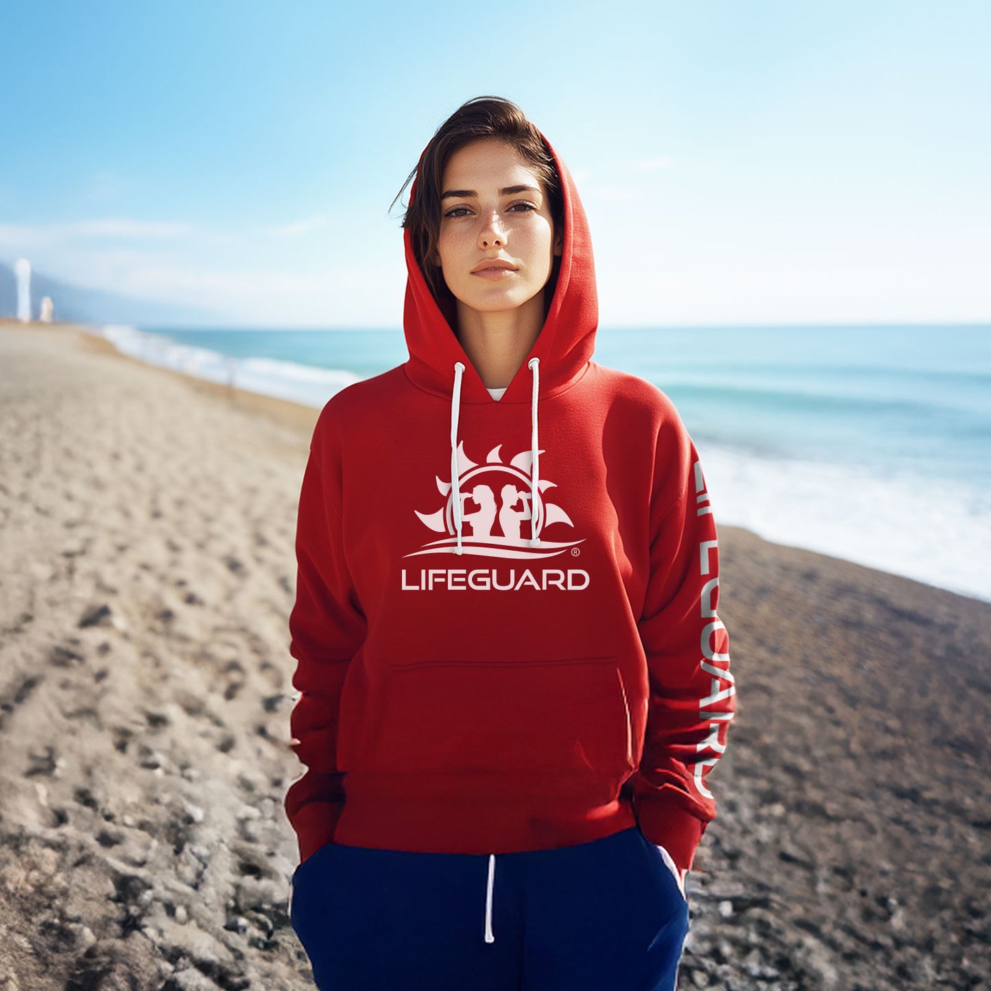 Felpa maglia hoodie senza zip con cappuccio bagnino di salvataggio assistente bagnanti rosso Lifeguard