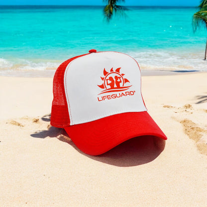 Cappello baseball berretto trucker bagnino di salvataggio assistente bagnanti per lavoro sport e tempo libero mare e piscina Lifeguard rosso e bianco